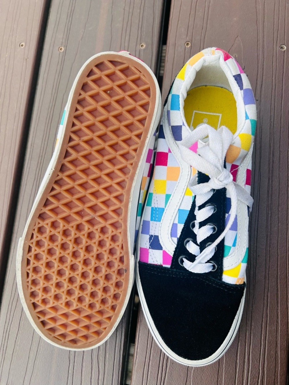 Vans Low-Top Checkerboard Sneakers in Black with Rainbow Check - Picture 4 of 5